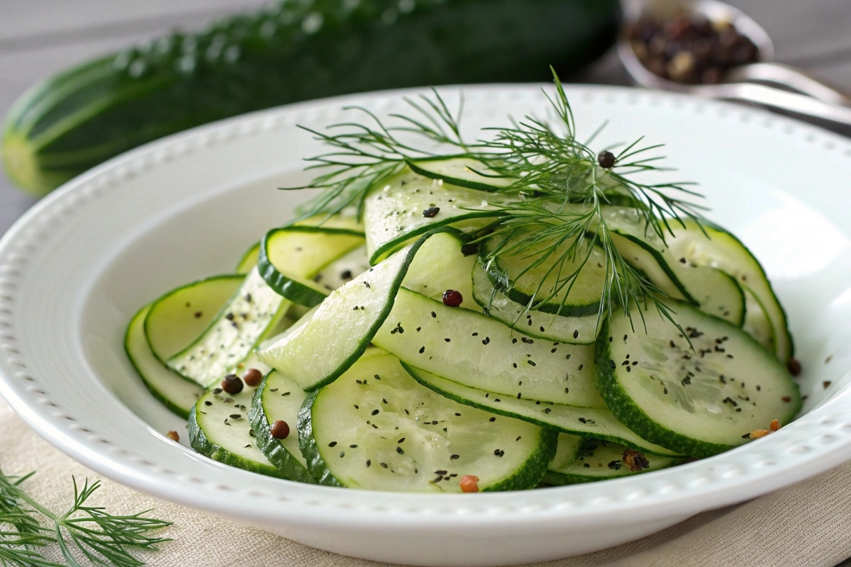 a-close-up-image-of-the-completed-cucumber-salad-g A close-up image of the completed cucumber salad garnished with dill and freshly cracked black pepper.