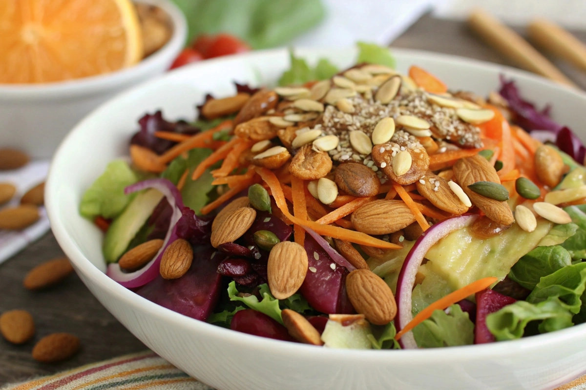 a-close-up-of-a-salad-topped-with-roasted-almonds- A close-up of a salad topped with roasted almonds, sunflower seeds, and shredded carrots.