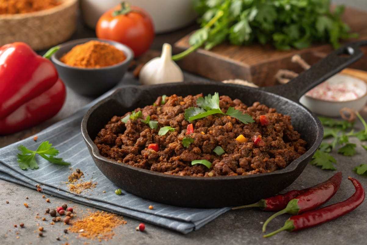 a-close-up-of-browned-and-seasoned-ground-beef-in- (1) A close-up of browned and seasoned ground beef in a skillet with vibrant spices and fresh ingredients.