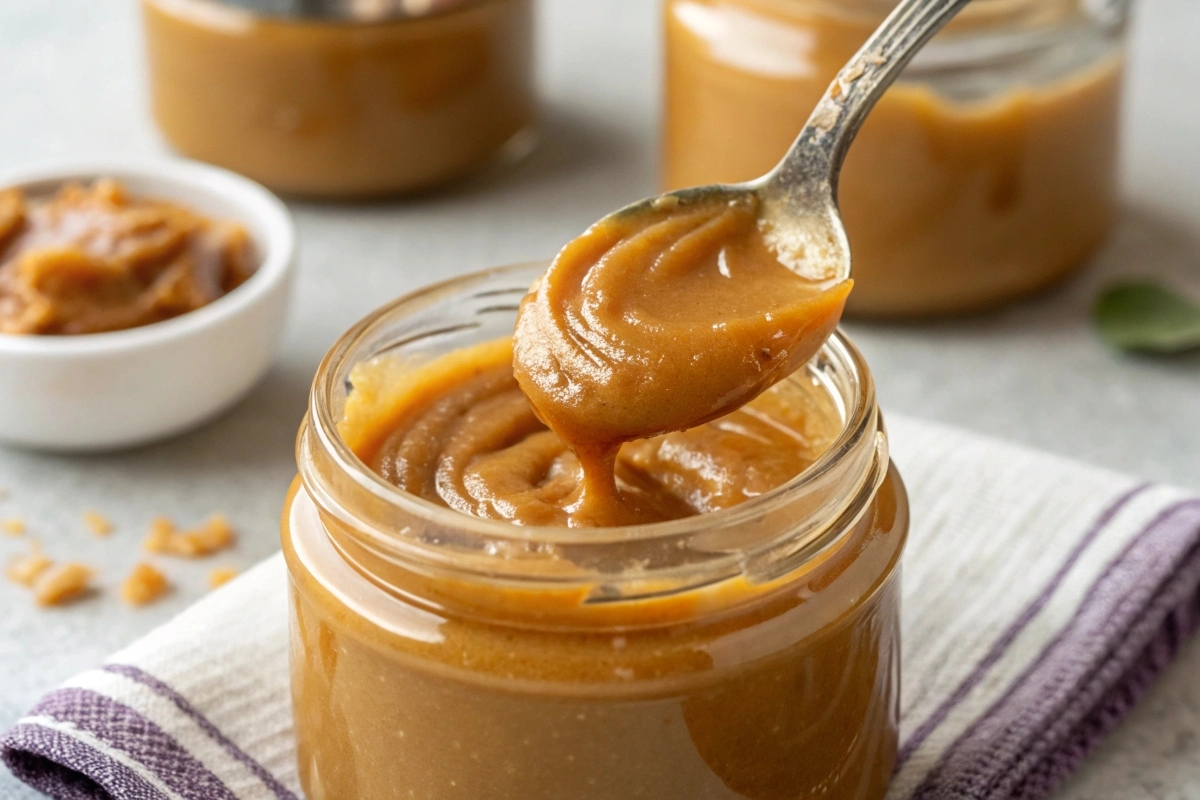 a-close-up-of-creamy-date-caramel-in-a-jar-with-a- A close-up of creamy date caramel in a jar with a spoonful ready to serve