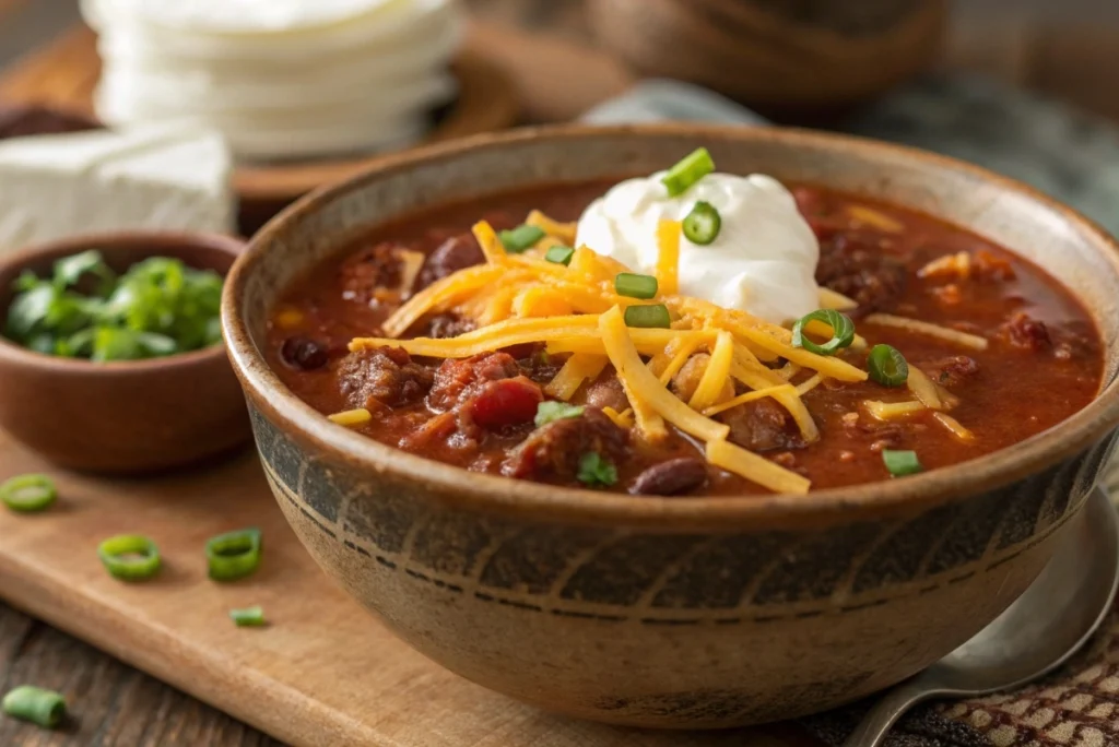 A close-up of Crockpot Cowboy Soup served in a rustic bowl, topped with sour cream, shredded cheddar cheese, and green onions