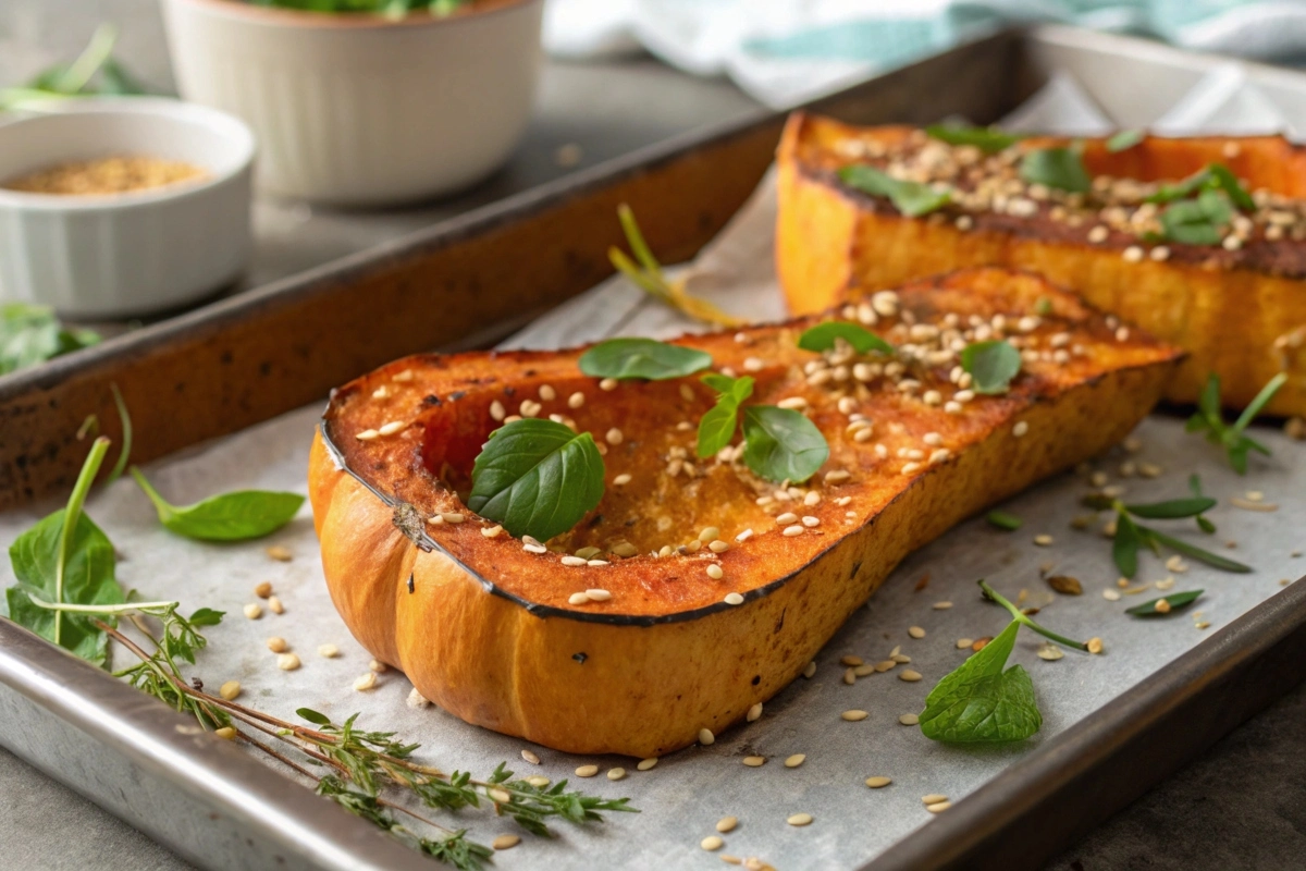 a-close-up-shot-of-roasted-kabocha-squash-seasoned A close-up shot of roasted kabocha squash seasoned with sesame seeds and fresh herbs, presented on a baking sheet.