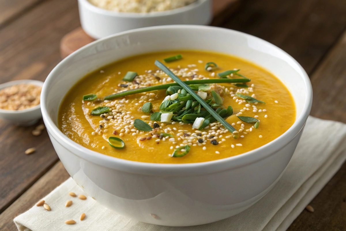 a-creamy-bowl-of-kabocha-squash-soup-garnished-wit A creamy bowl of kabocha squash soup garnished with sesame seeds and scallions.