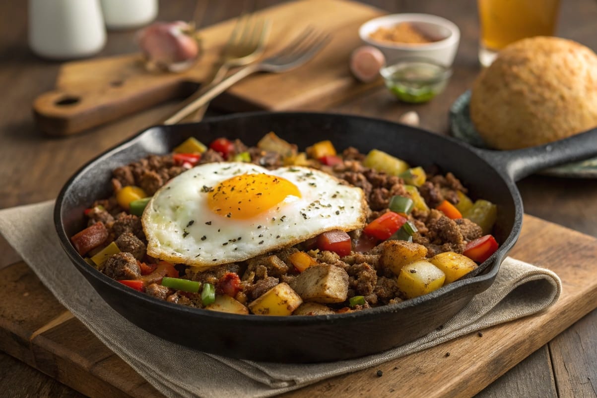 a-creative-ground-beef-breakfast-hash-topped-with- A creative ground beef breakfast hash topped with a sunny-side-up egg.