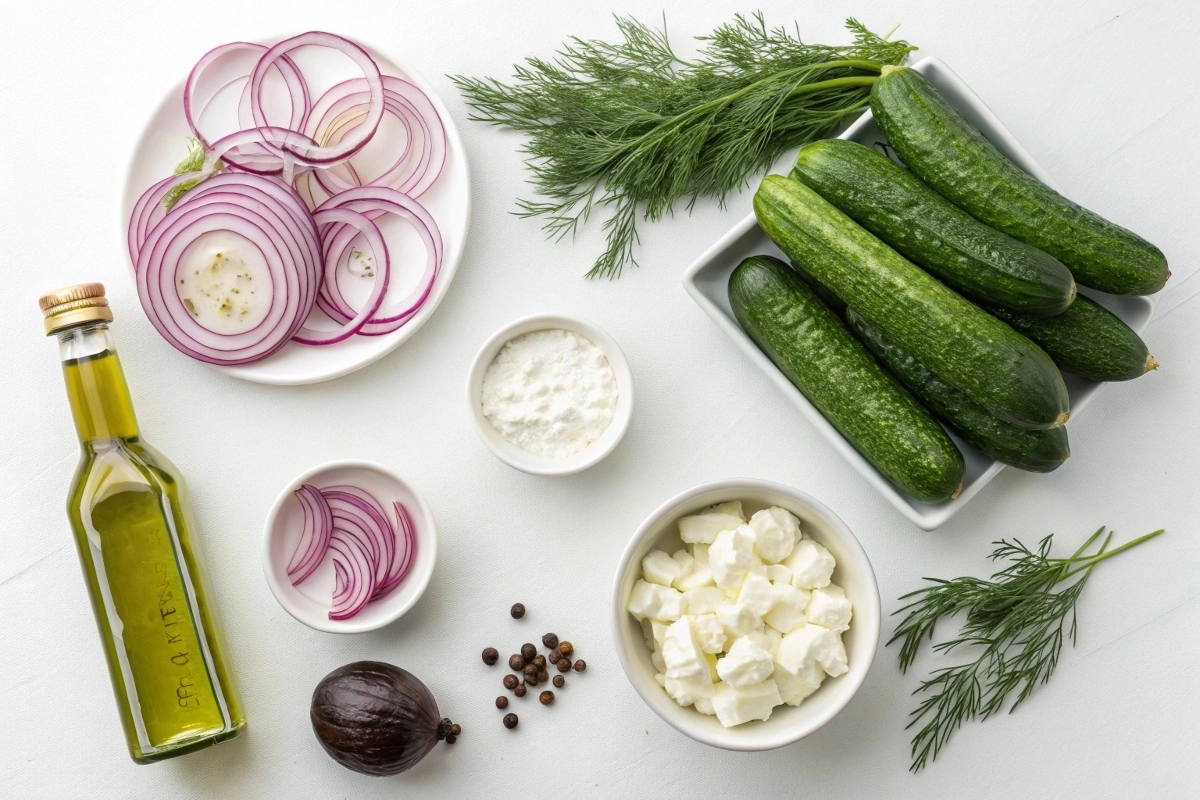 a-flat-lay-featuring-all-the-key-ingredients-for-a A flat lay featuring all the key ingredients for a cucumber salad: cucumbers, red onions, dill, cream cheese, and vinegar.