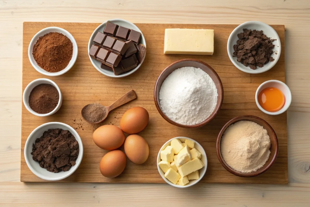 A flat lay of all chocolate cake ingredients arranged neatly on a wooden surface, showcasing their freshness and quality.