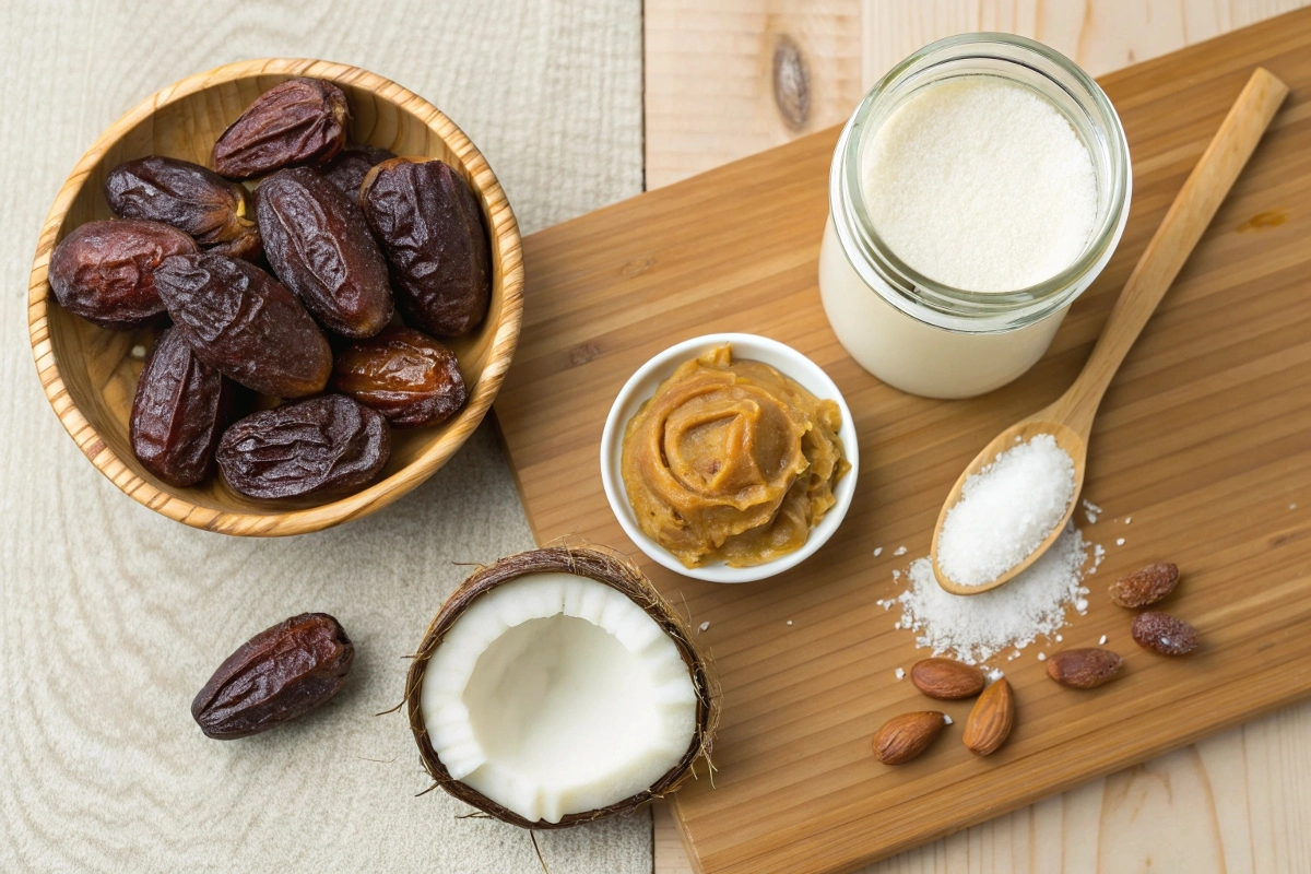 a-flat-lay-of-medjool-dates--coconut-milk--peanut- A flat lay of Medjool dates, coconut milk, peanut butter, and a pinch of salt, arranged on a wooden surface.