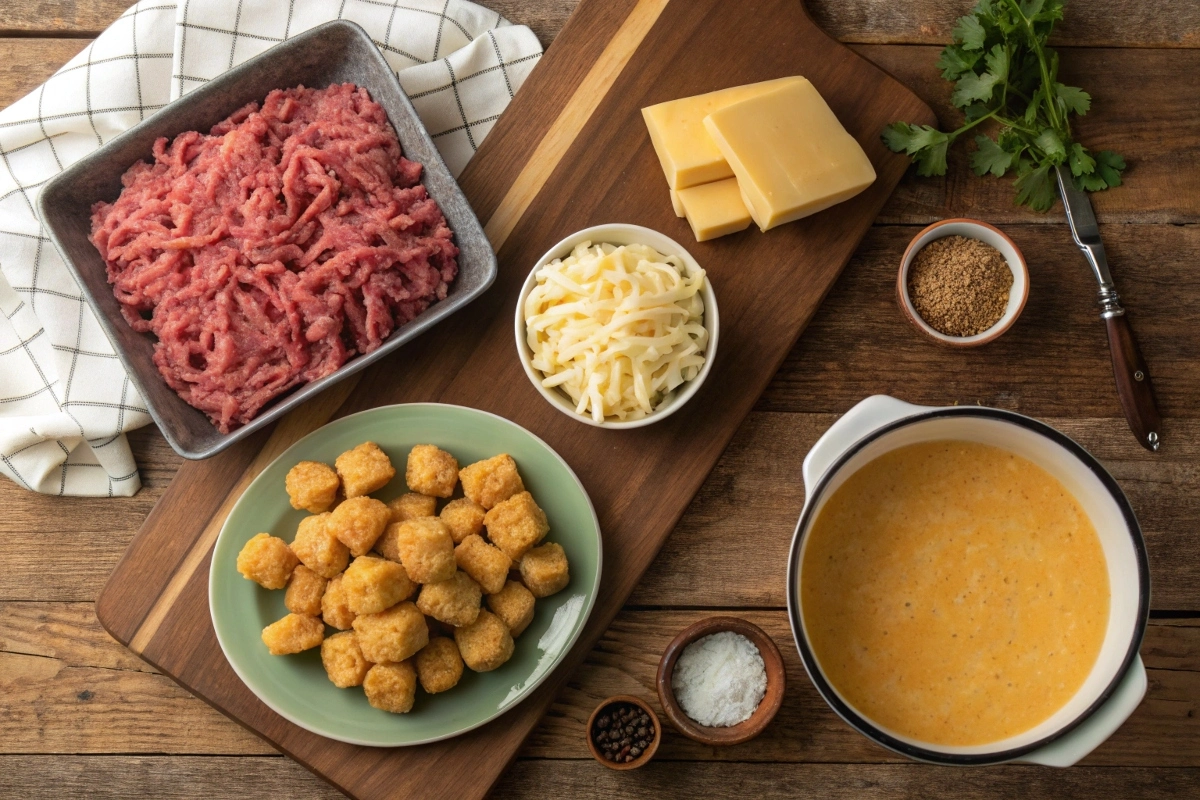 a-flat-lay-of-the-hotdish-ingredients-including-g A flat lay of the hotdish ingredients, including ground beef, tater tots, cheese, and soup, neatly arranged on a rustic wooden surface