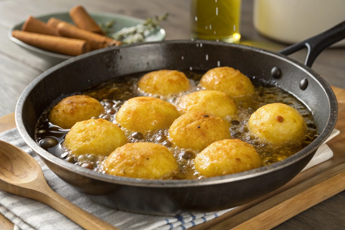 a-frying-pot-bubbling-with-golden-papas-rellenas-- A frying pot bubbling with golden papas rellenas, demonstrating the ideal crisping process