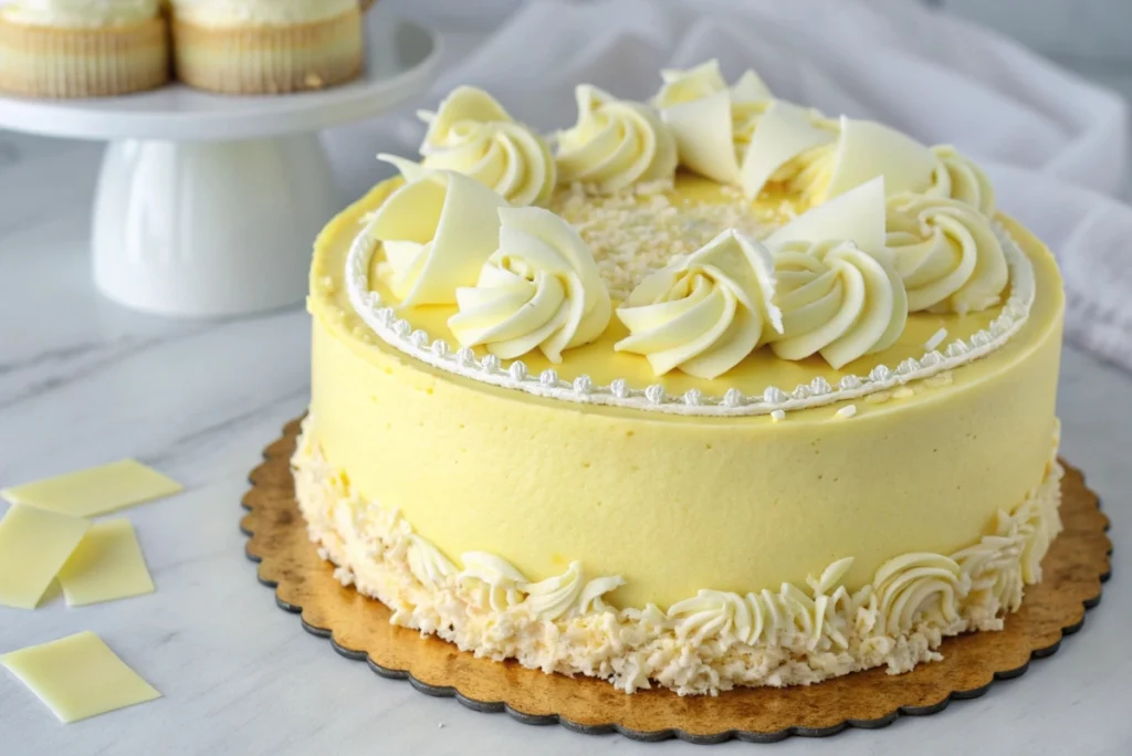 a fully frosted gluten-free yellow cake topped with white chocolate curls.