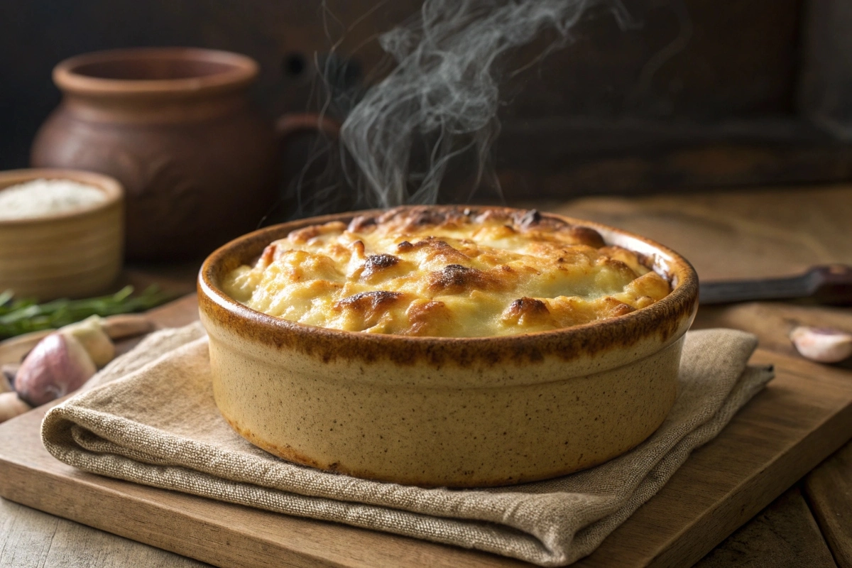 a-hero-shot-of-the-freshly-baked-hotdish-in-a-rust hero shot of the freshly baked hotdish in a rustic ceramic dish, steaming and golden brown---
