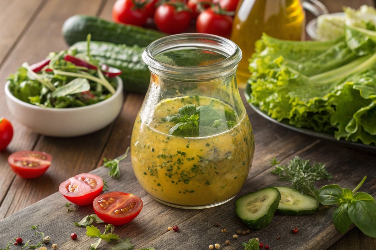 -a-jar-of-freshly-whisked-vinaigrette-surrounded-b A jar of freshly whisked vinaigrette surrounded by salad ingredients, ready to be mixed.