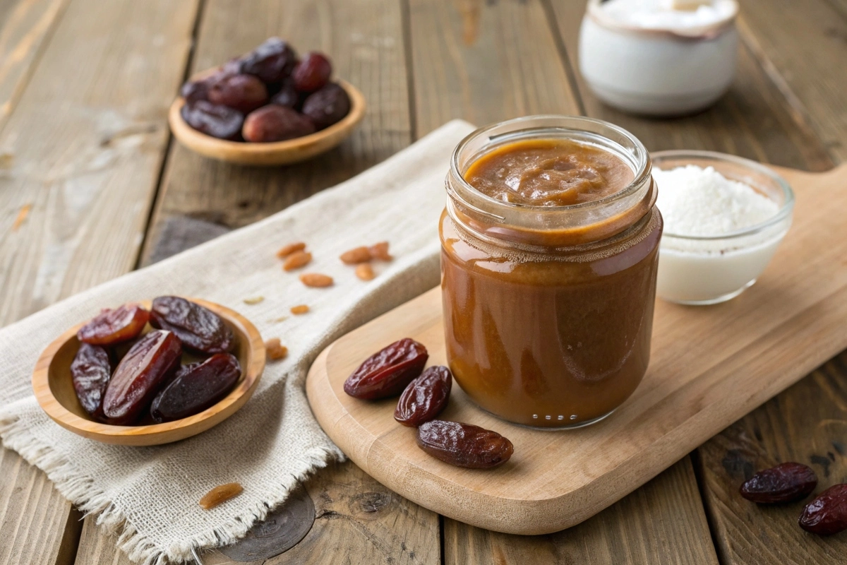a-jar-of-smooth-date-caramel-on-a-rustic-wooden-ta A jar of smooth date caramel on a rustic wooden table, surrounded by fresh dates and a small dish of coconut milk.