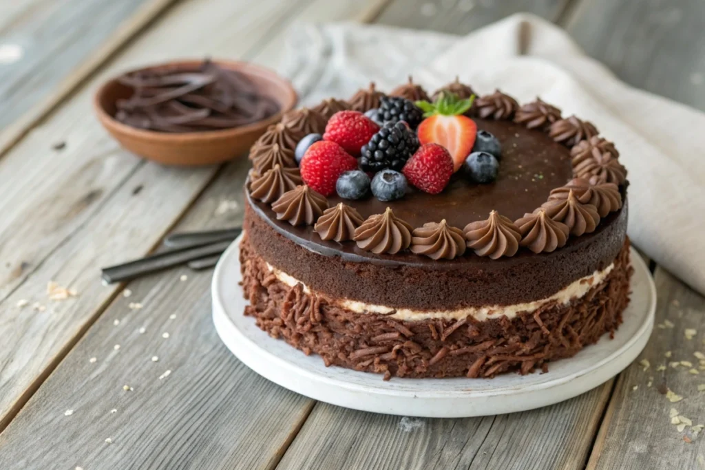 A luscious chocolate cake with a coconut filling, artistically plated on a rustic wooden table.