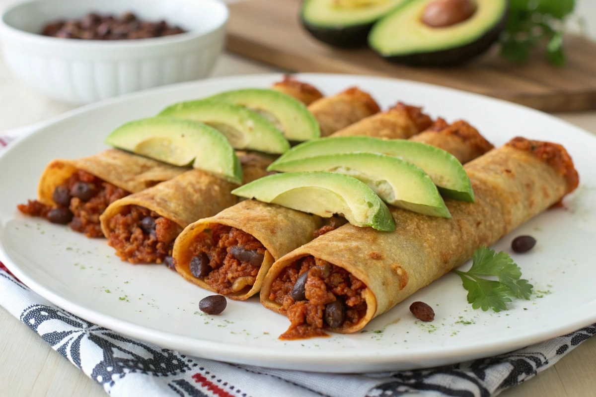 a-plate-featuring-vegetarian-enchiladas-stuffed-wi A plate featuring vegetarian enchiladas stuffed with beans and topped with avocado slices.