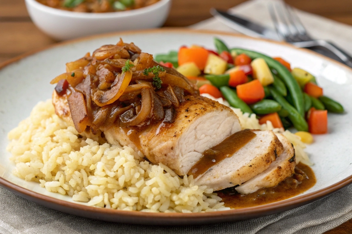 a-plated-serving-of-french-onion-soup-rice-with-ro A plated serving of French Onion Soup Rice with roasted chicken and vegetables