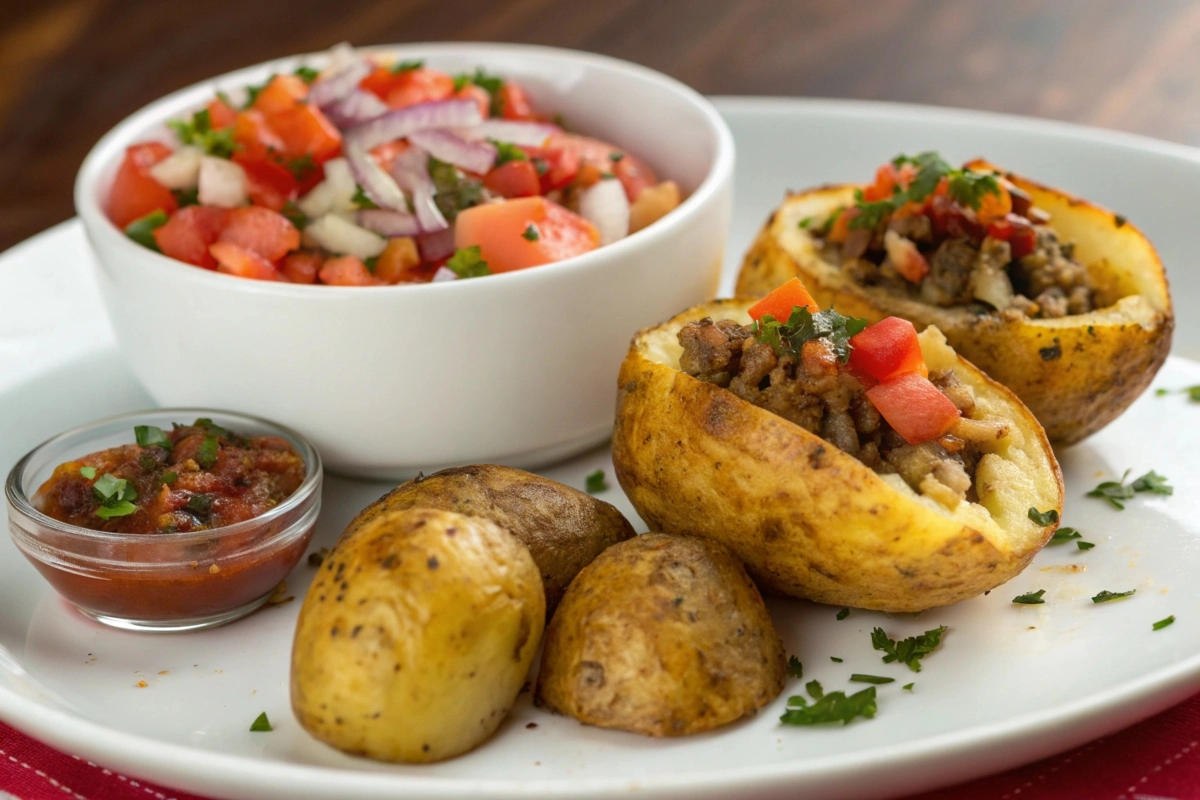 a-plated-serving-of-papas-rellenas-with-pebre-sals A plated serving of papas rellenas with pebre salsa on the side, emphasizing its vibrant presentation
