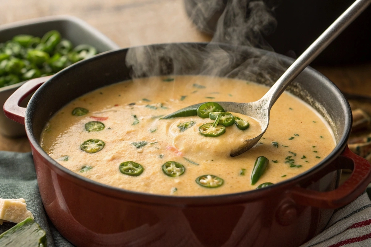 a-pot-of-creamy-jalape-o-soup-being-stirred-showc A beautifully garnished bowl of cream of jalapeño soup topped with fresh cilantro, sliced jalapeños, and tortilla strips
