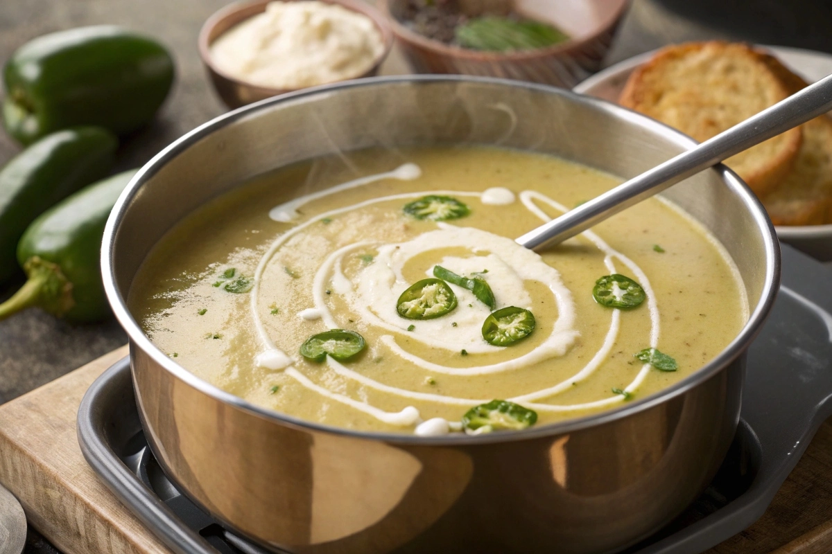 a-pot-of-creamy-jalape-o-soup-with-freshly-added-c A pot of creamy jalapeño soup with freshly added cream being stirred to create a smooth texture