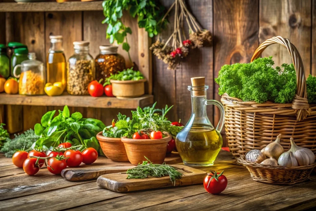 A rustic Greek kitchen with fresh herbs, olive oil, and vegetables on a wooden counter