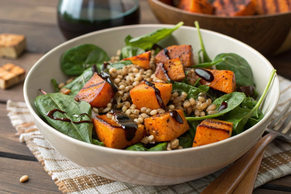 a-salad-bowl-with-farro--spinach--roasted-sweet-po A salad bowl with farro, spinach, roasted sweet potatoes, and a drizzle of balsamic dressing.