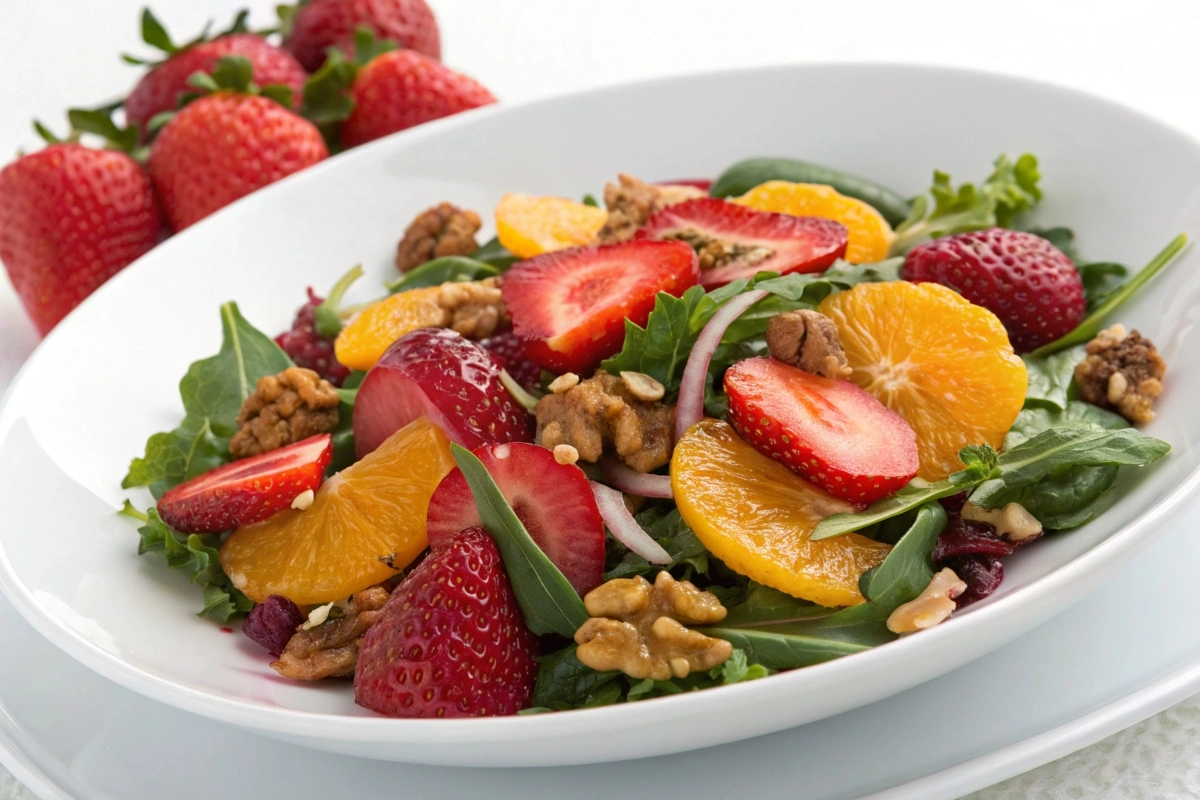 a-salad-featuring-fresh-strawberries--orange-slice A salad featuring fresh strawberries, orange slices, and toasted walnuts on a bed of mixed greens.