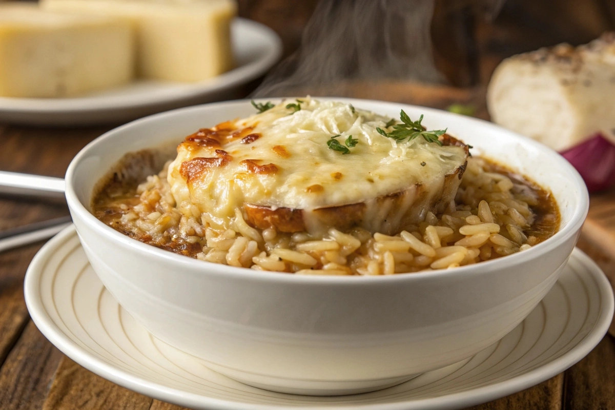 a-serving-of-french-onion-soup-rice-topped-with-me A serving of French Onion Soup Rice topped with melted Gruyère cheese