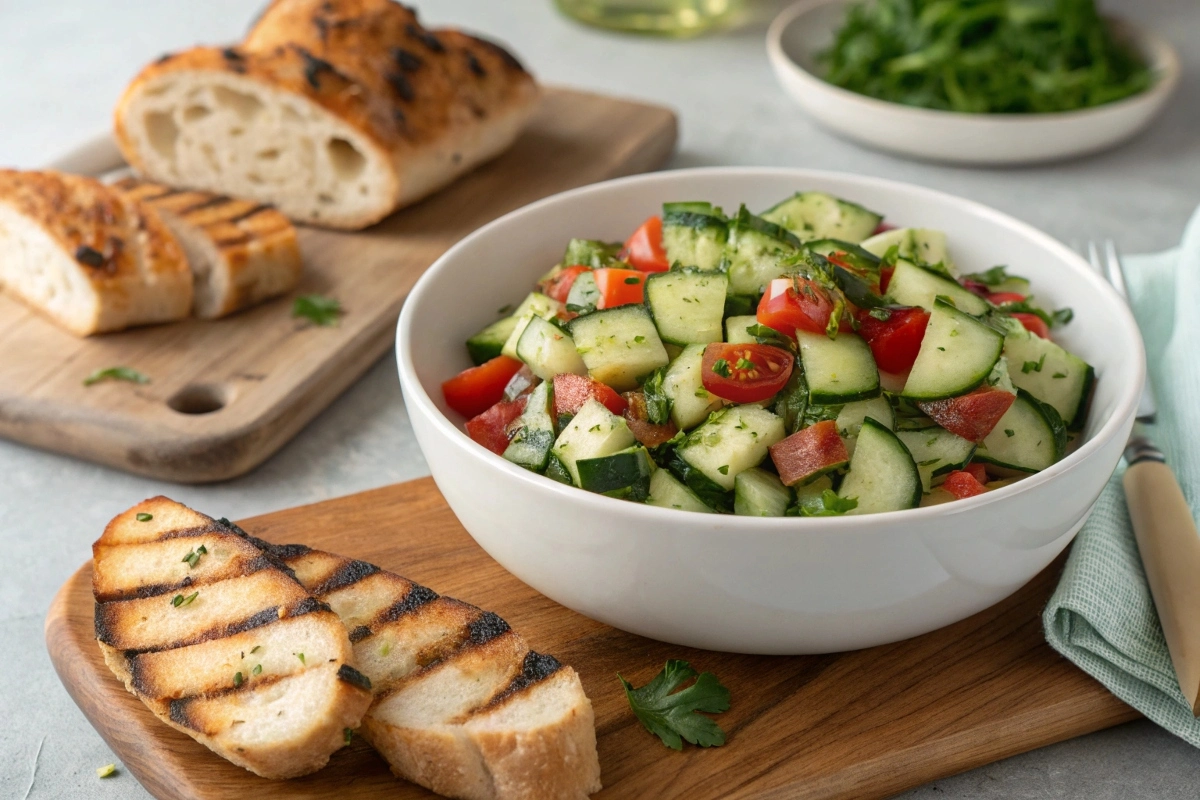 a-serving-suggestion-of-cucumber-salad-alongside-g A serving suggestion of cucumber salad alongside grilled chicken and a side of crusty bread.