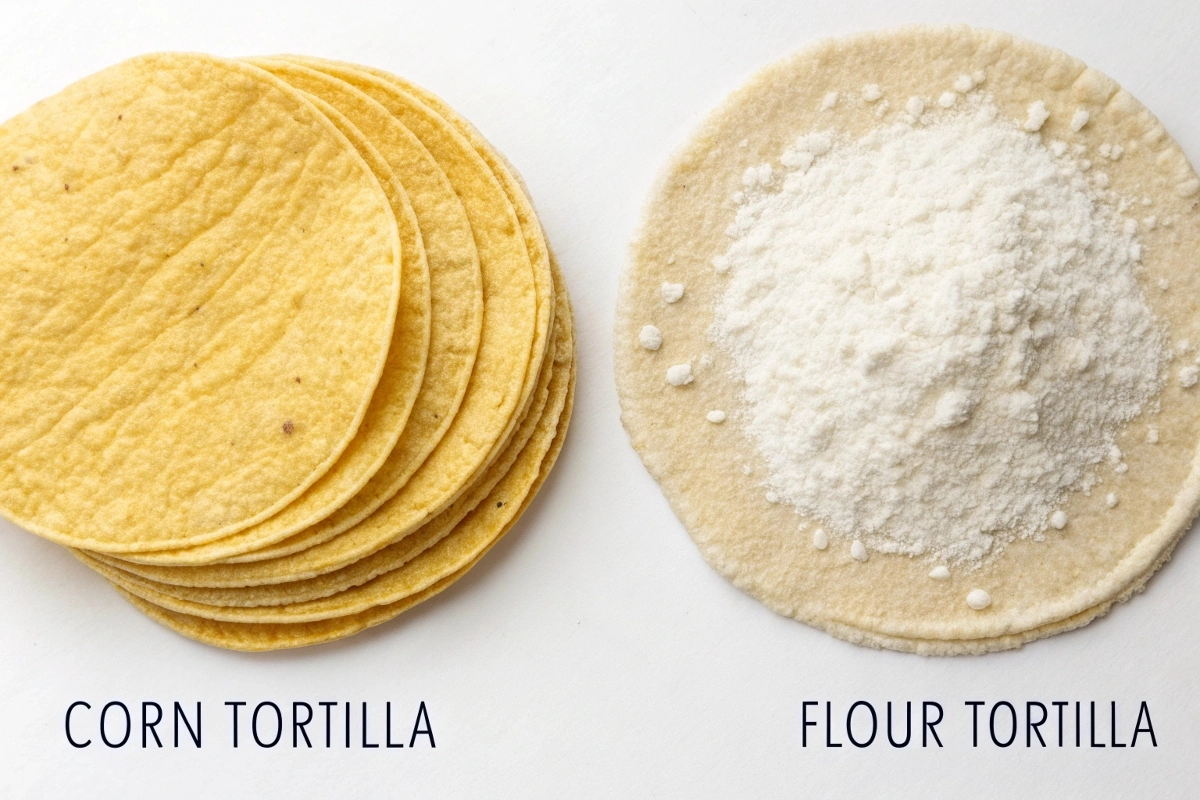 a-side-by-side-comparison-of-corn-and-flour-tortil A side-by-side comparison of corn and flour tortillas with key ingredients.