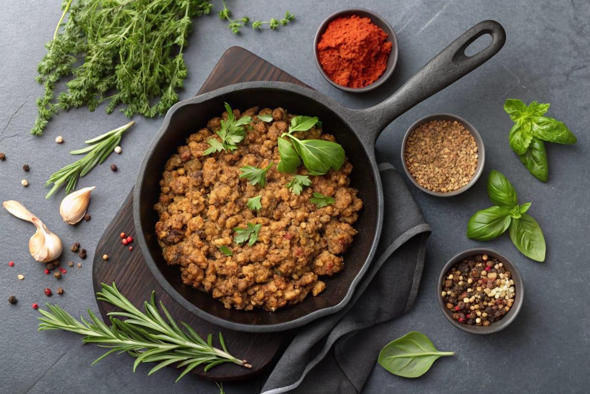 a-skillet-with-golden-brown-ground-beef--surrounde A skillet with golden-brown ground beef, surrounded by fresh herbs and spices.