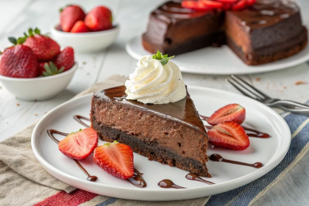 A slice of chocolate cake on a white plate, topped with a dollop of whipped cream and fresh strawberries.