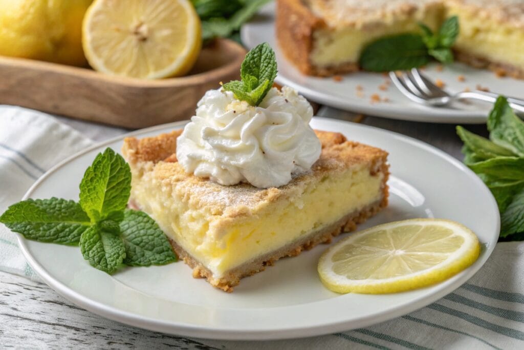 A slice of lemon cream cheese dump cake served with whipped cream and garnished with fresh mint and a lemon wedge.