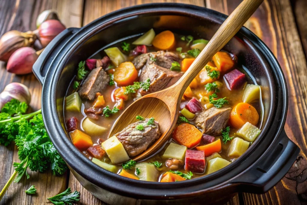 A slow cooker filled with layered ingredients, including broth, meats, and root vegetables, with a wooden spoon stirring the mixture.