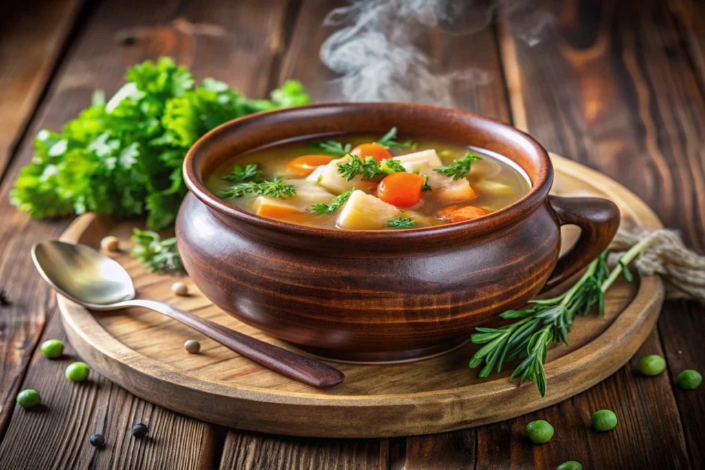 A steaming bowl of homemade slow cooker soup served in a rustic ceramic bowl, garnished with fresh parsley and rosemary, with a ladle resting in the pot.