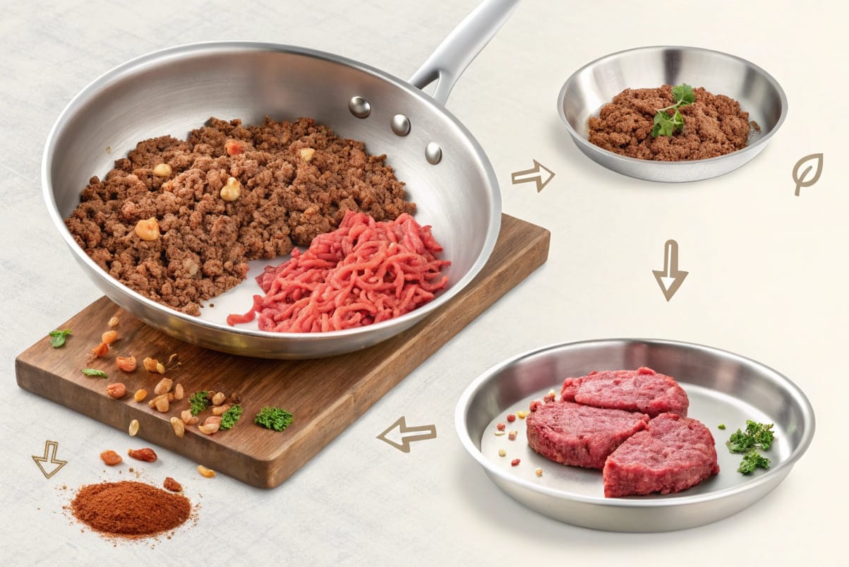 a-step-by-step-depiction-of-ground-beef-being-brow A step-by-step depiction of ground beef being browned in a stainless steel pan.