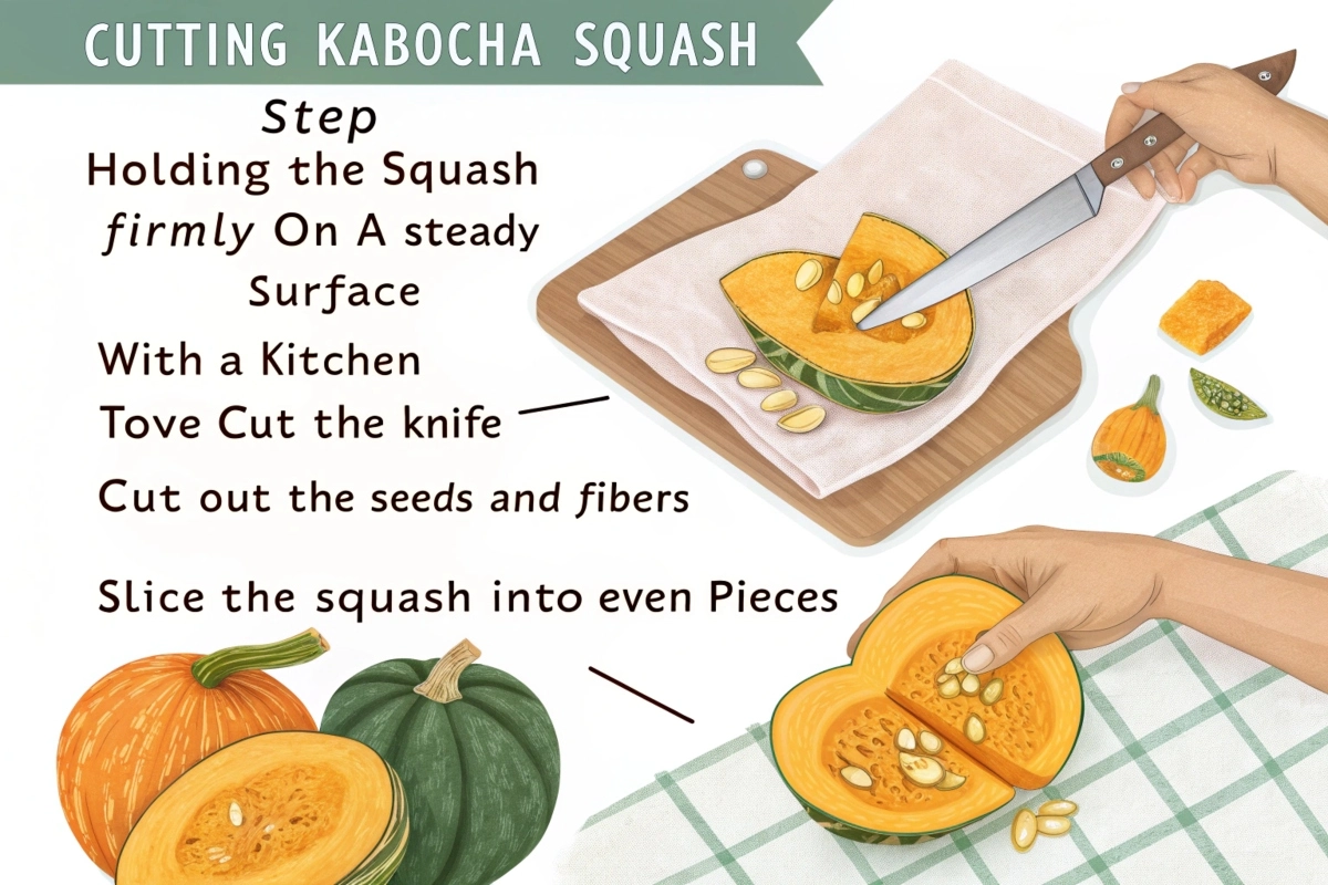 a-step-by-step-image-showing-how-to-cut-kabocha-sq A step-by-step image showing how to cut kabocha squash, including tools like a sharp knife and a steady surface.