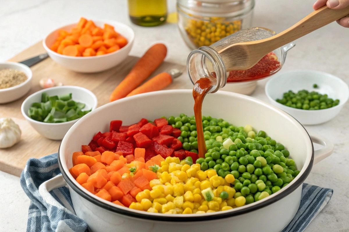 a-step-by-step-photo-of-vegetables-being-added-to- A step-by-step photo of vegetables being added to the hotdish mixture for a vibrant twist