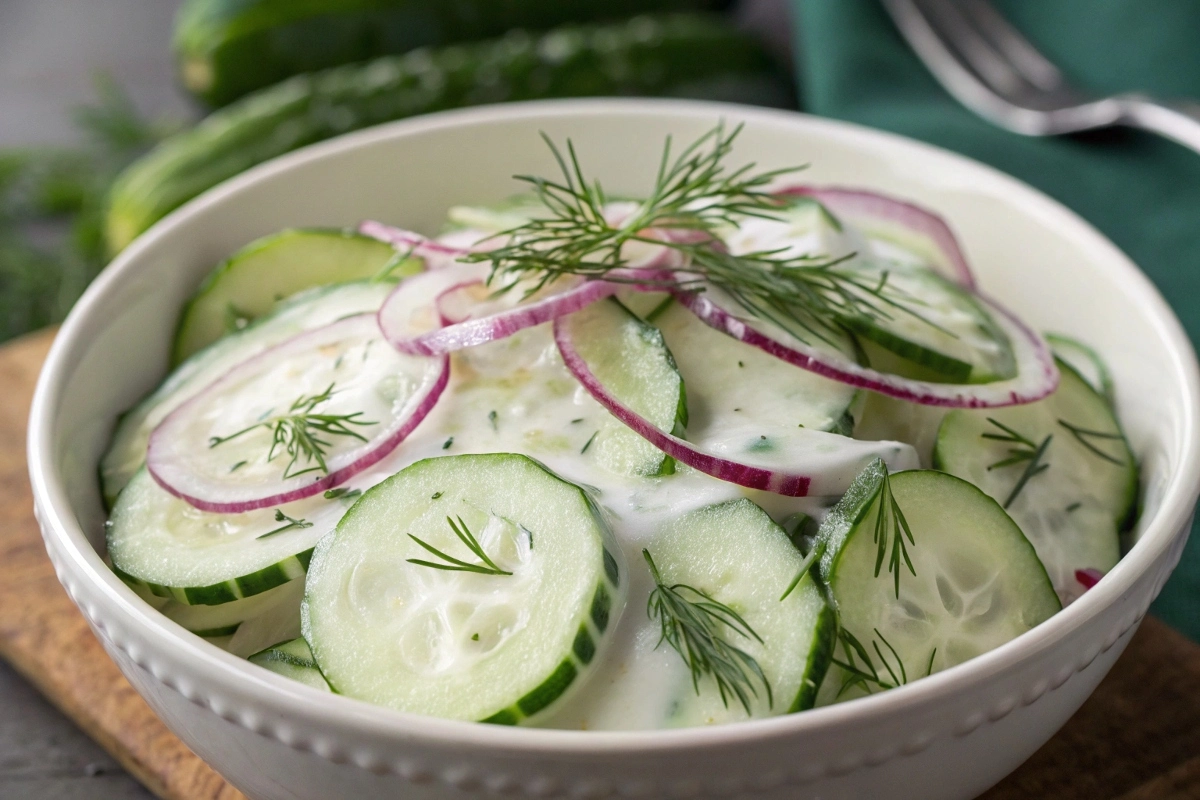 a-stunning-close-up-shot-of-creamy-cucumber-salad- A stunning close-up shot of creamy cucumber salad, with fresh dill and thinly sliced red onions.