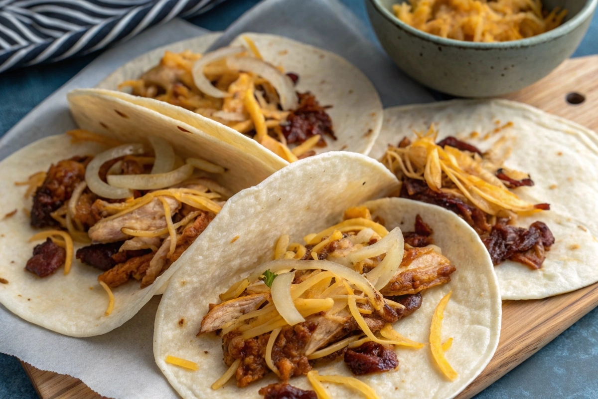 a-vibrant-overhead-shot-of-tortillas-being-filled- A vibrant overhead shot of tortillas being filled with chicken, cheese, and onions.