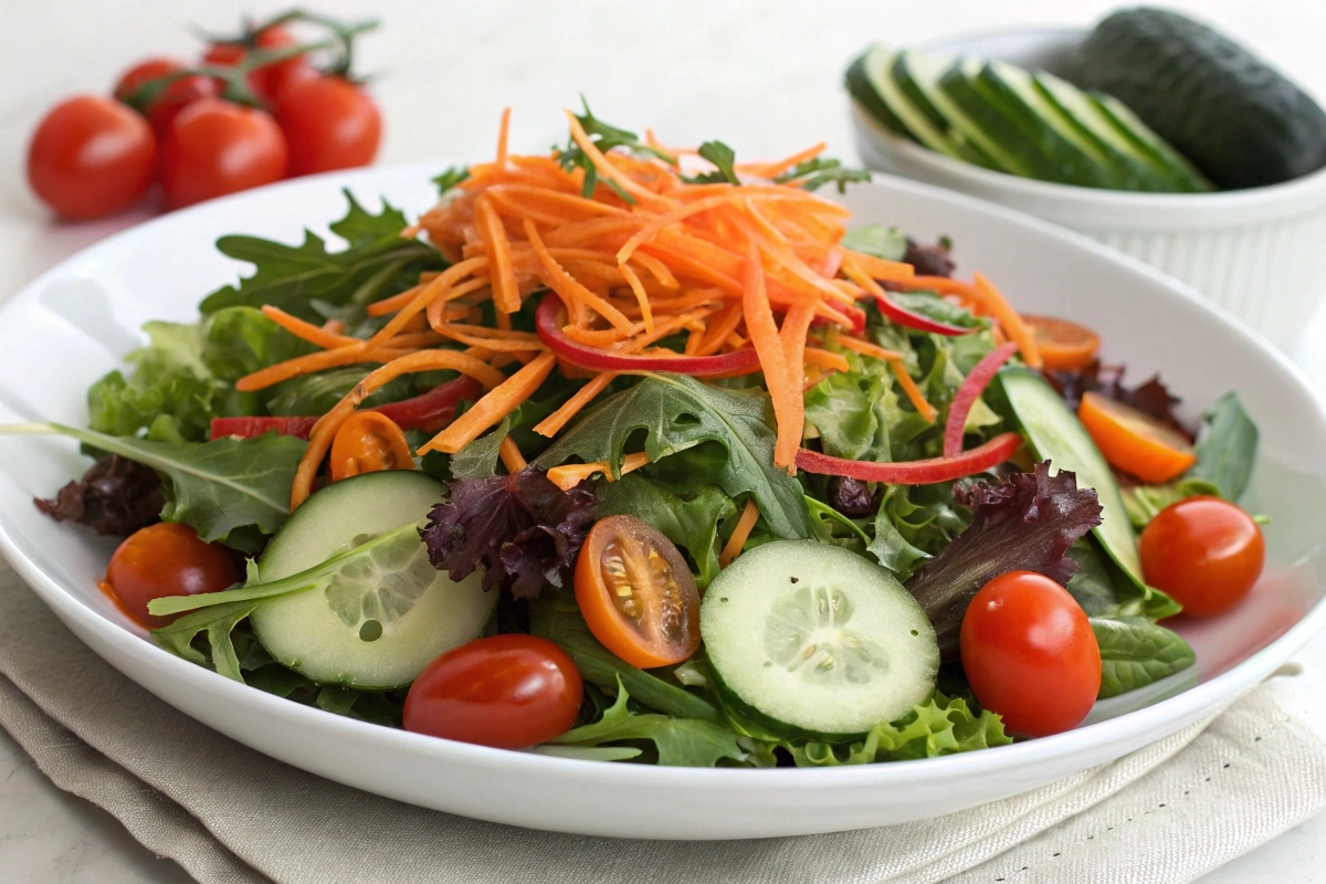 a-vibrant-salad-featuring-a-mix-of-leafy-greens--j A vibrant salad featuring a mix of leafy greens, julienned carrots, sliced cucumbers, and bright cherry tomatoes.