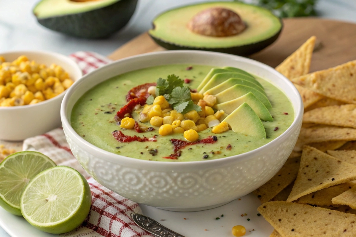 a-vibrant-serving-of-cream-of-jalape-o-soup-topped A vibrant serving of cream of jalapeño soup topped with roasted corn and avocado slices, served alongside tortilla chips.