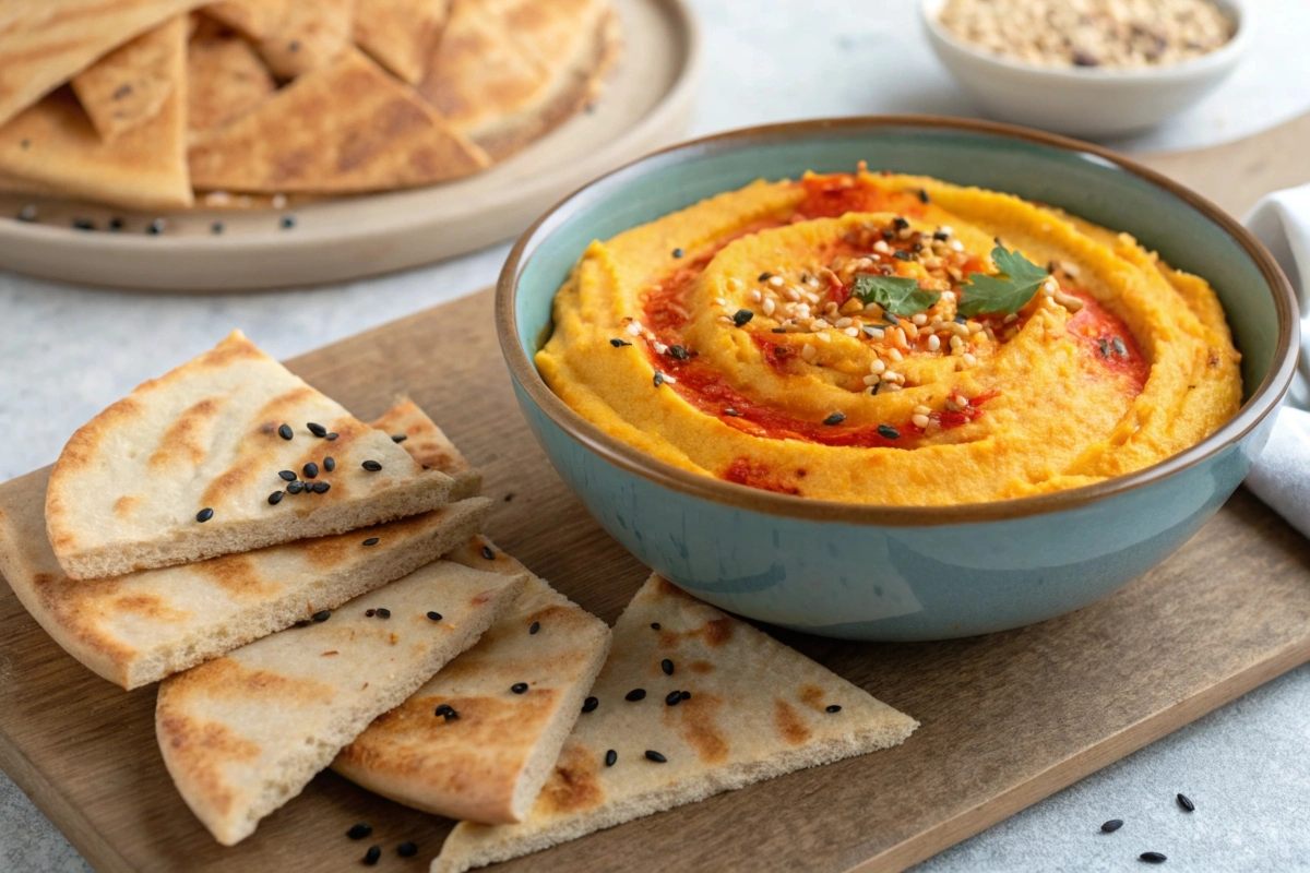 a-vibrant-serving-of-kabocha-squash-hummus-garnish A vibrant serving of kabocha squash hummus garnished with paprika and sesame seeds, paired with pita bread.