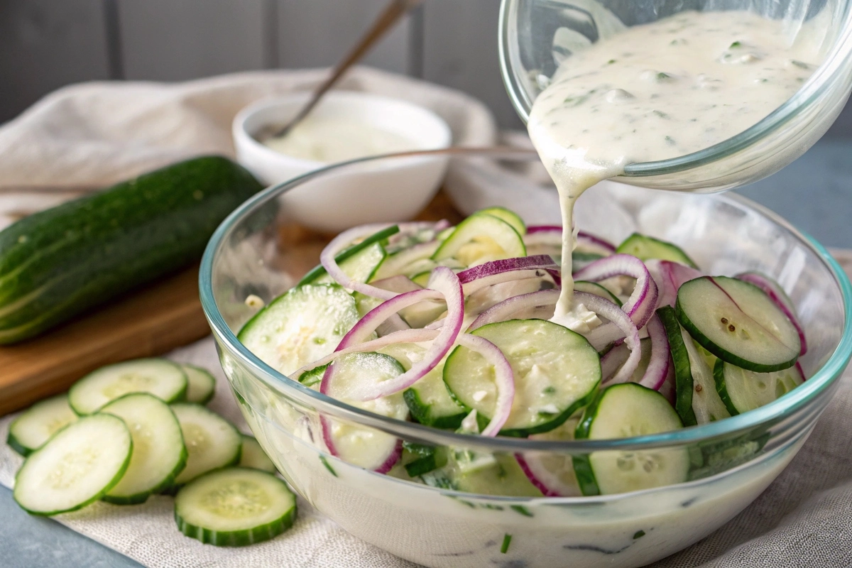 a-visual-representation-of-cucumbers-and-onions-be A visual representation of cucumbers and onions being gently mixed with the creamy dressing in a large glass bowl.