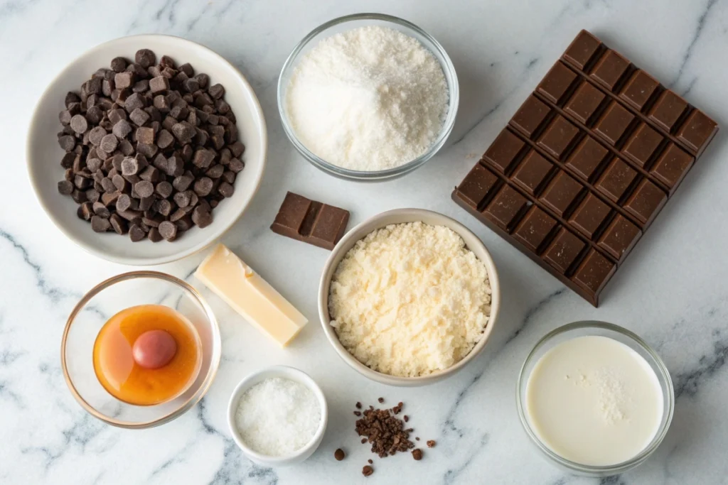 All ingredients for the Mounds Cake laid out on a clean marble countertop.