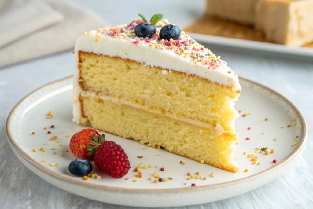 a slice of perfectly baked gluten-free yellow cake, highlighting its airy texture.