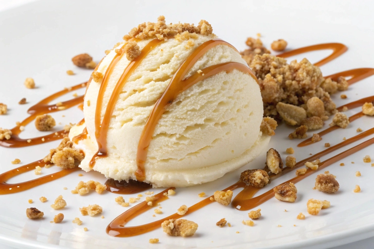date-caramel-drizzled-over-vanilla-ice-cream--garn Date caramel drizzled over vanilla ice cream, garnished with crushed nuts.