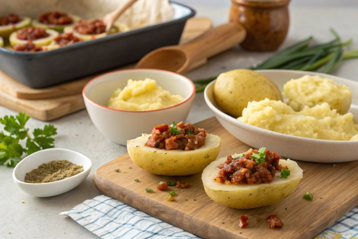depiction-of-assembling-the-papas-rellenas--showin A step-by-step depiction of assembling the papas rellenas, showing the mashed potato being filled and shape