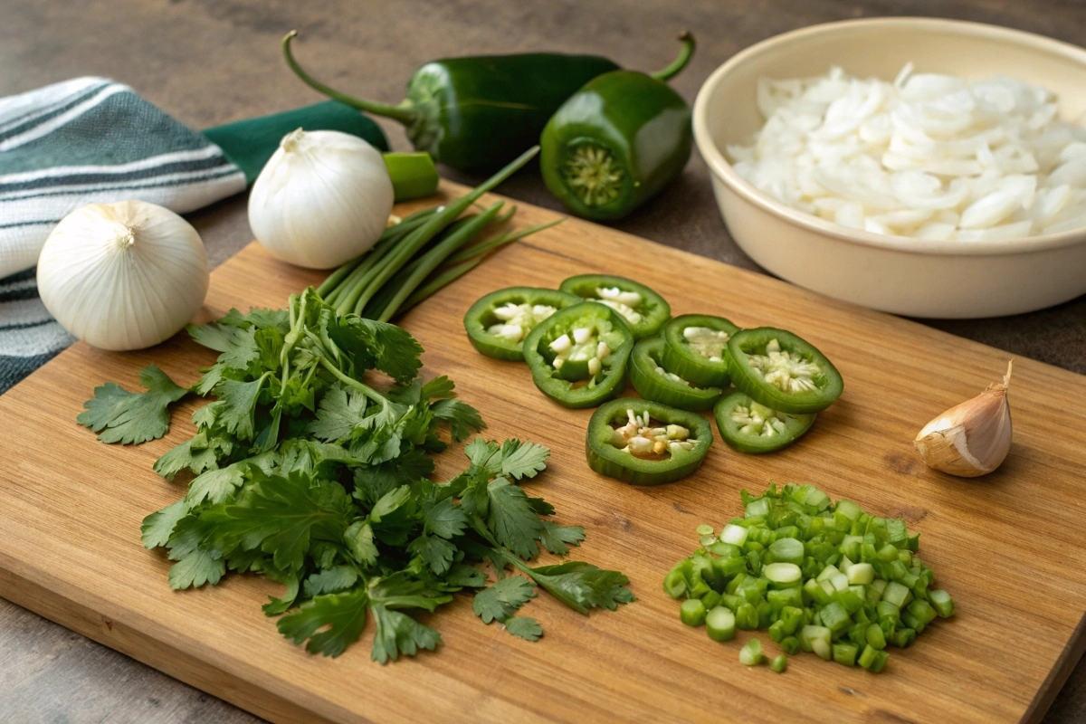 fresh-ingredients-for-jalape-o-soup-including-jal Fresh ingredients for jalapeño soup, including jalapeños, garlic, onions, and cilantro, laid out on a wooden cutting board.