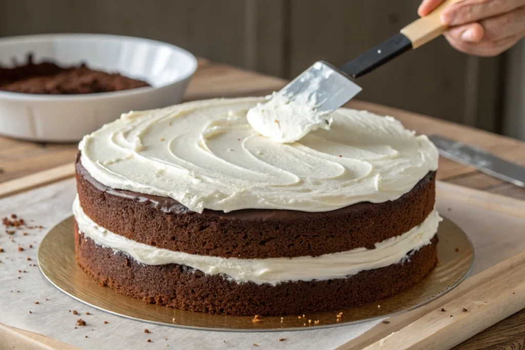Frosting being spread over the Mounds Cake with a spatula, creating a smooth finish.
