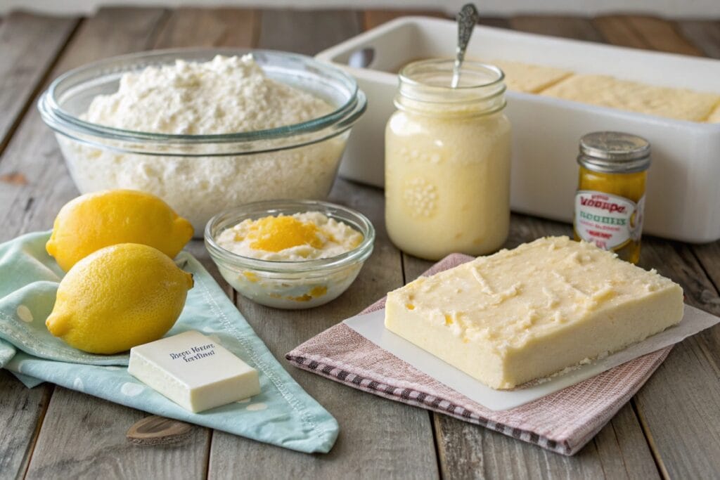 Ingredients for lemon cream cheese dump cake arranged on a wooden countertop, including lemon pie filling, cream cheese, white cake mix, and unsalted butter.